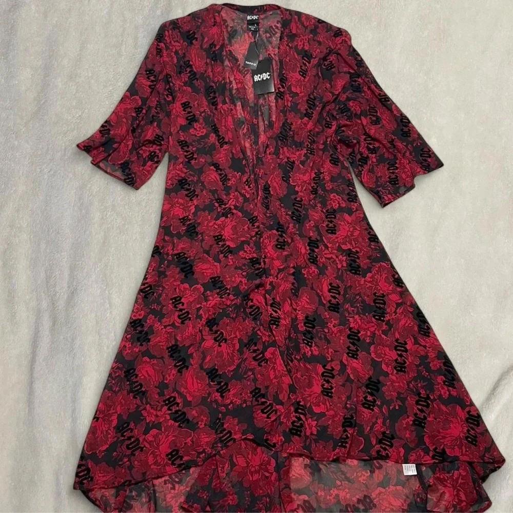 AC/DC Torrid Black & Red Floral Chiffon Hi-Lo Kimono - Picture 7 of 7